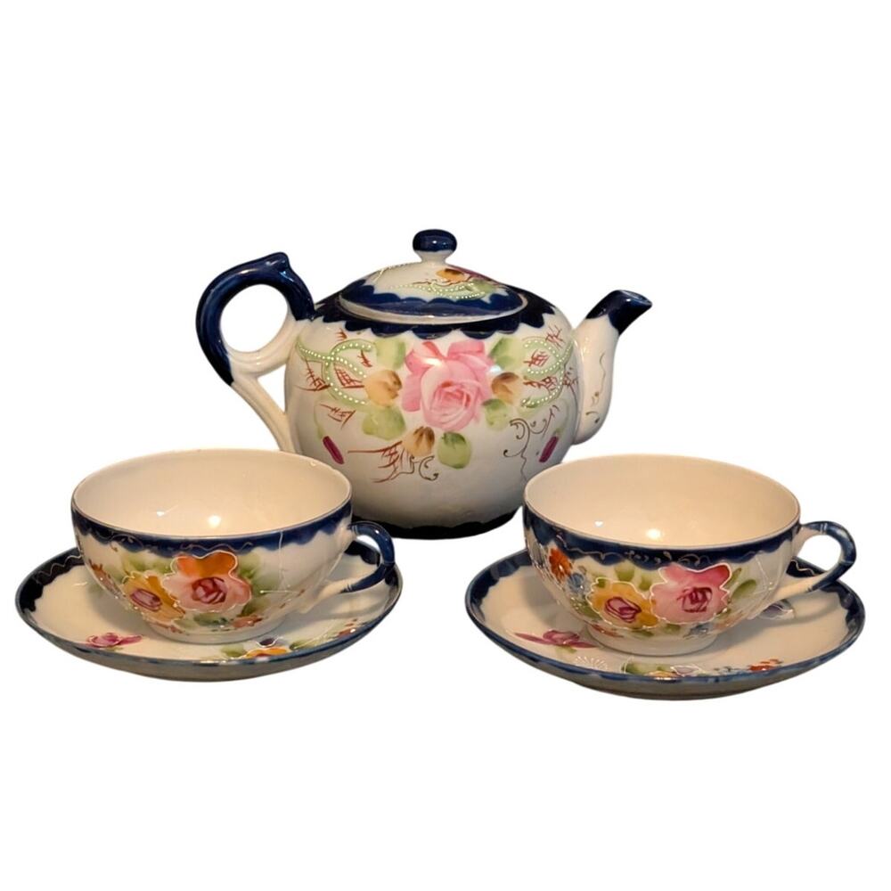 Vintage Nippon Cobalt Blue Cabbage Rose Teapot Two Cups and Two Saucers